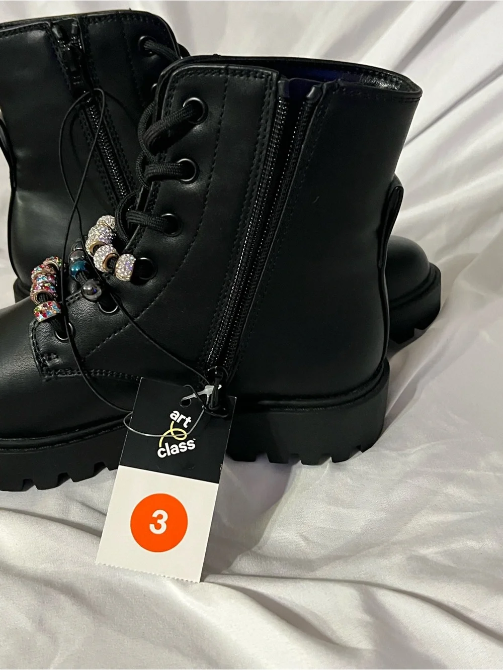 art class Black Combat Boots with Rhinestone & Multicolor Bead Accents